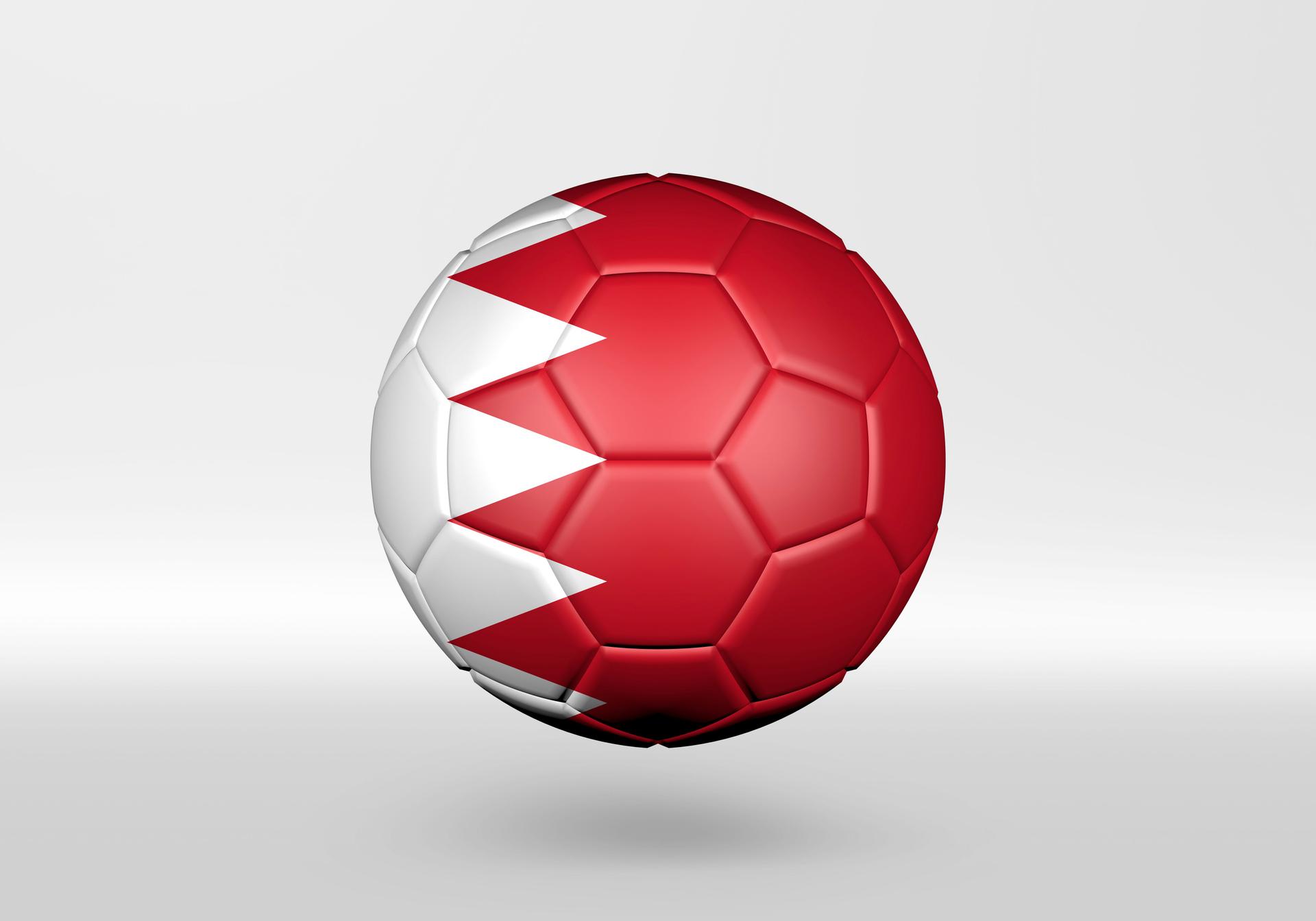 3D soccer ball with the flag of Bahrain on grey background